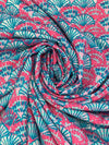 Turquoise/Strawberry Pink/Ocean Teal 100% Rayon Fans Print Challis 56W