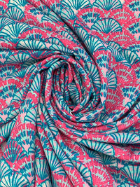 Turquoise/Strawberry Pink/Ocean Teal 100% Rayon Fans Print Challis 56W