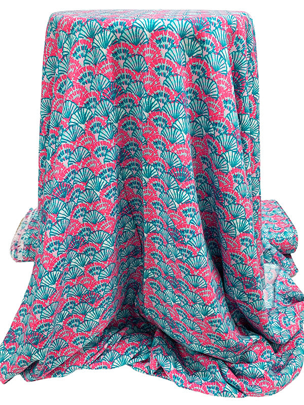 Turquoise/Strawberry Pink/Ocean Teal 100% Rayon Fans Print Challis 56W