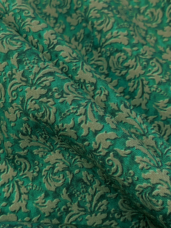 Olive Brown/Tropic Green 100% Recycled Viscose Mini Floral Scrolls Print Shirt Weight Woven - Ecoliva - 58W