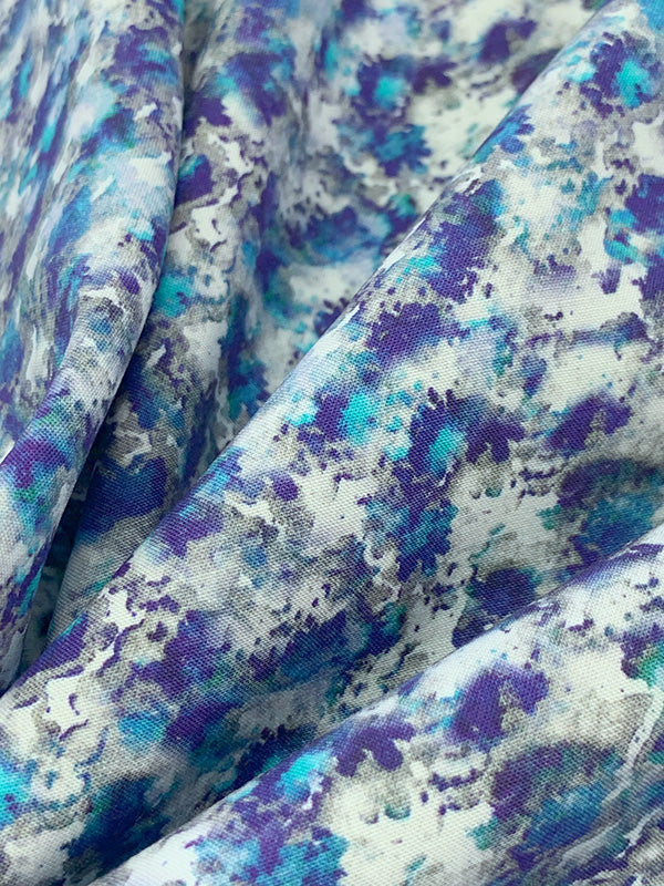 Dark Cornflower Blue/Gray/White 100% Recycled Viscose Abstract Print Shirt Weight Woven - Ecoliva - 58W