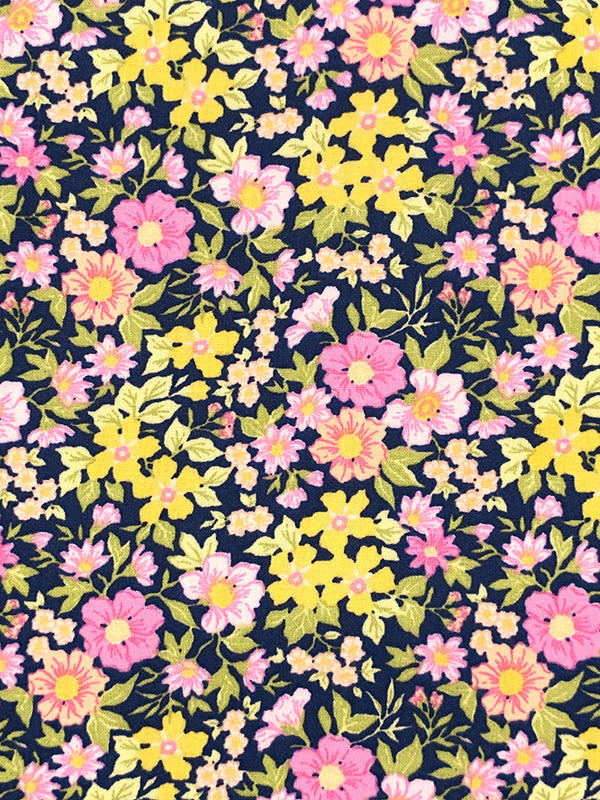 Navy Blue/Dandelion/Amaranth Pink 100% Rayon Floral Print Challis 56W