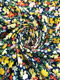 Dark Royal Blue/Yellow/Red/White 100% Rayon Floral Print Challis 54W