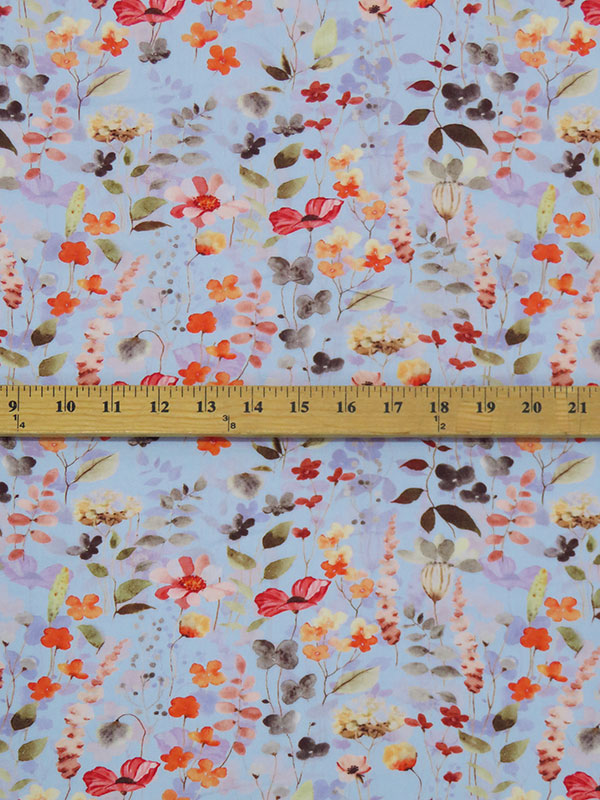 Pale Cerulean Blue/Bright Melon Orange/Iron Gray/Multi 100% Rayon Floral Print Challis 56W