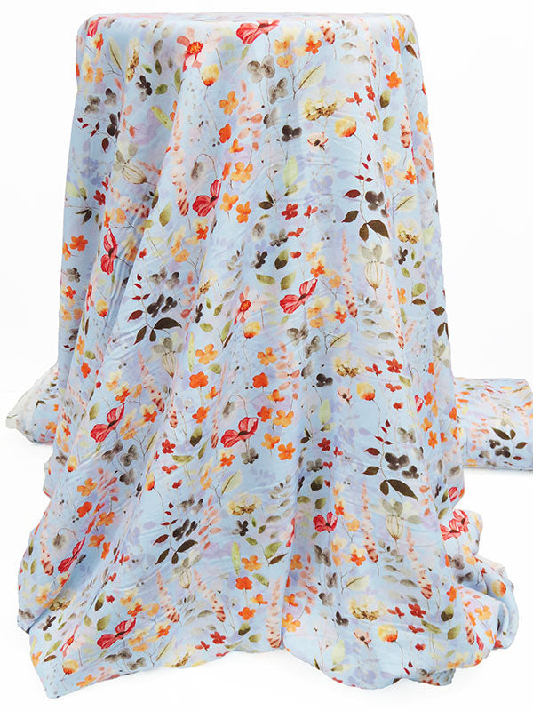 Pale Cerulean Blue/Bright Melon Orange/Iron Gray/Multi 100% Rayon Floral Print Challis 56W