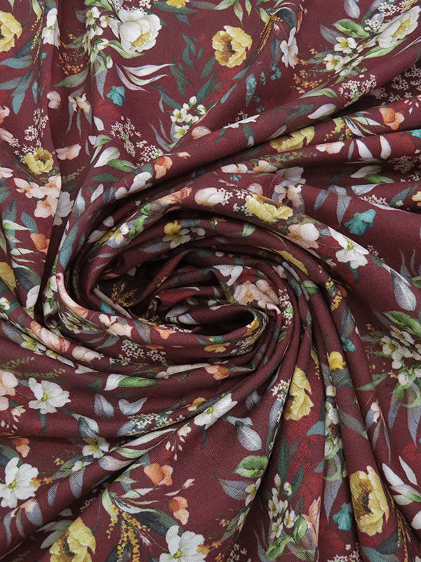 Dark Cabernet Red/Deep Forest Green/Apple Yellow/Multi 100% Rayon Floral Print Challis 58W