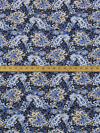 Dark Cornflower Blue/Goldenrod/Black/Multi Cotton/Lycra Floral Paisley Print Stretch Poplin Shirting 56W