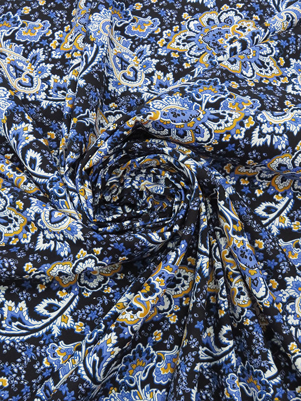 Dark Cornflower Blue/Goldenrod/Black/Multi Cotton/Lycra Floral Paisley Print Stretch Poplin Shirting 56W