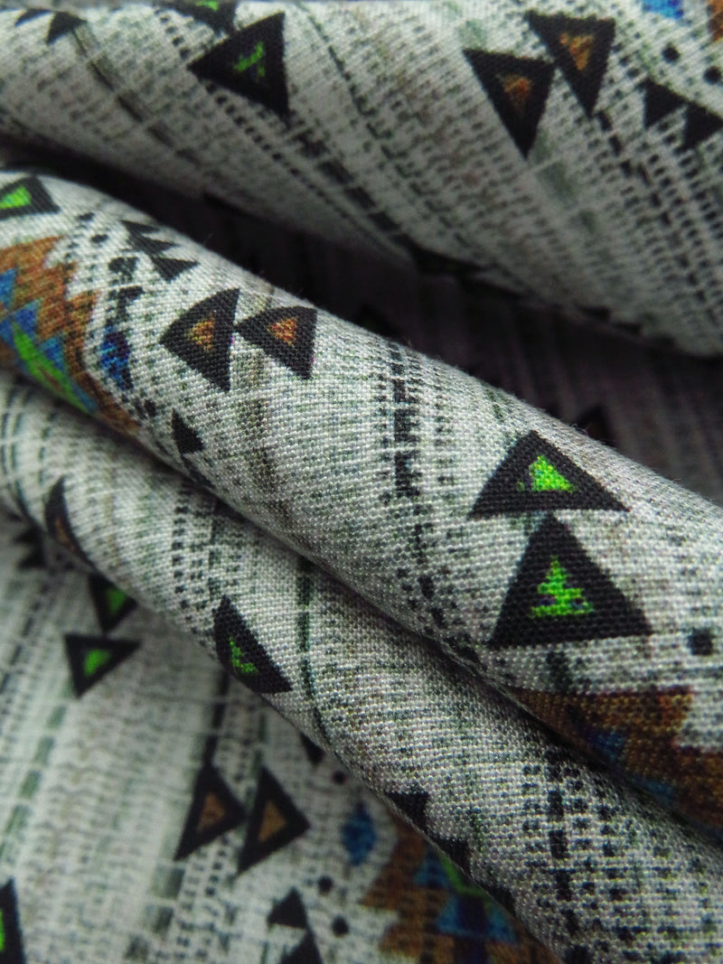 Soft Gray/Coyote Brown/Lime/Sea Blue/Black 100% Recycled Viscose Vertical Dash Southwestern Medallion Print Shirt Weight Woven - Ecoliva - 58W