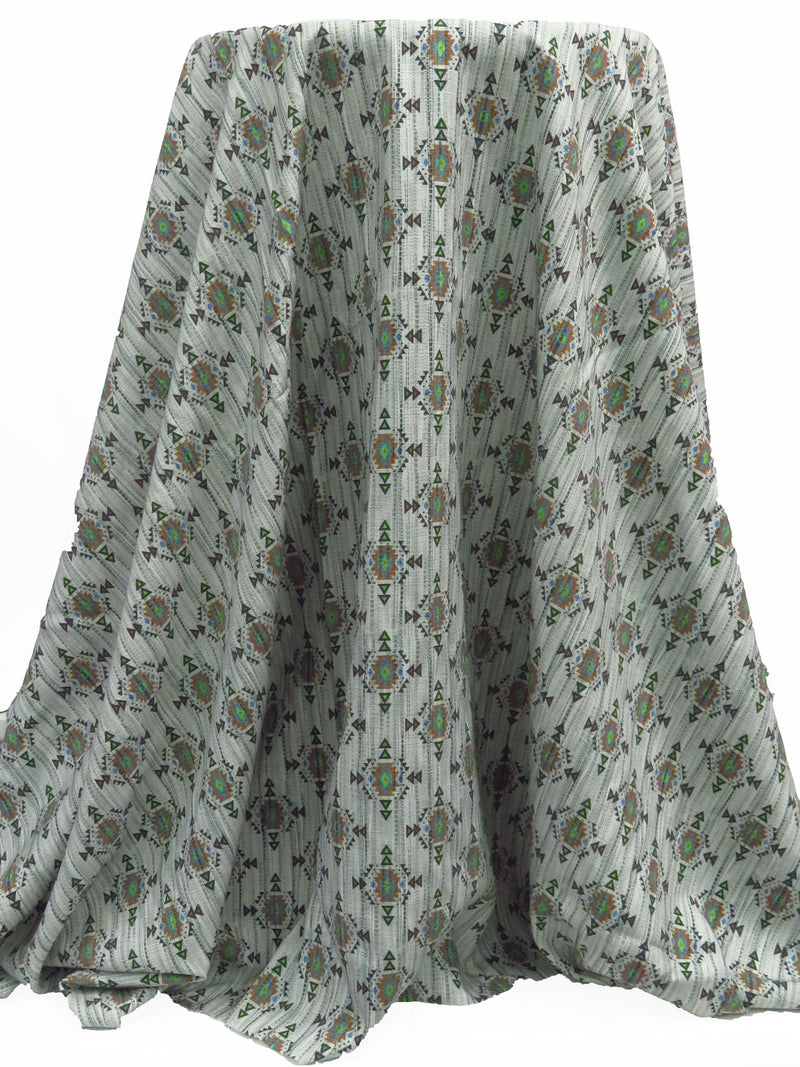 Soft Gray/Coyote Brown/Lime/Sea Blue/Black 100% Recycled Viscose Vertical Dash Southwestern Medallion Print Shirt Weight Woven - Ecoliva - 58W