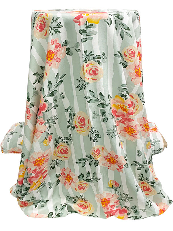 Dusty Laurel Green/Salmon Rose/White/Almond 100% Rayon Floral Over Vertical Stripe Print Challis 54W