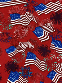 Red/White/Blue 100% Rayon Wavy USA Flag & Fireworks Print Challis 52W