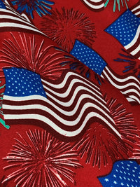 Red/White/Blue 100% Rayon Wavy USA Flag & Fireworks Print Challis 52W