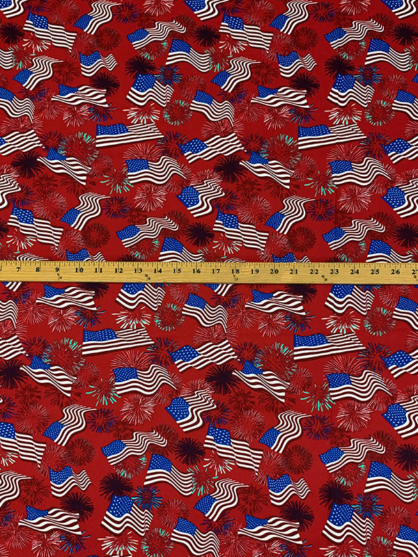 Red/White/Blue 100% Rayon Wavy USA Flag & Fireworks Print Challis 52W