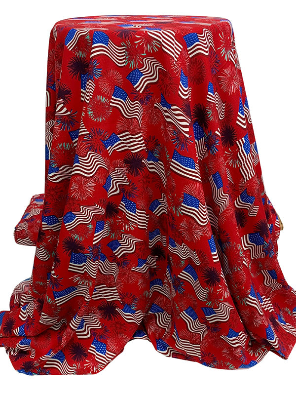 Red/White/Blue 100% Rayon Wavy USA Flag & Fireworks Print Challis 52W