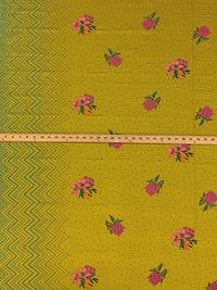 Dijon/Paradise Pink/Fern Green 100% Rayon Zig Zag Single Border Floral Dot Print Challis 54W