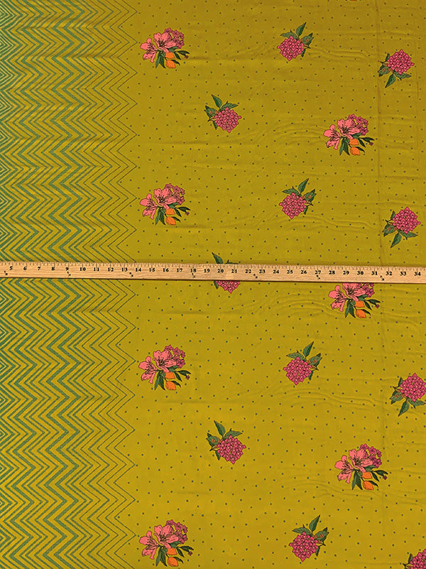 Dijon/Paradise Pink/Fern Green 100% Rayon Zig Zag Single Border Floral Dot Print Challis 54W