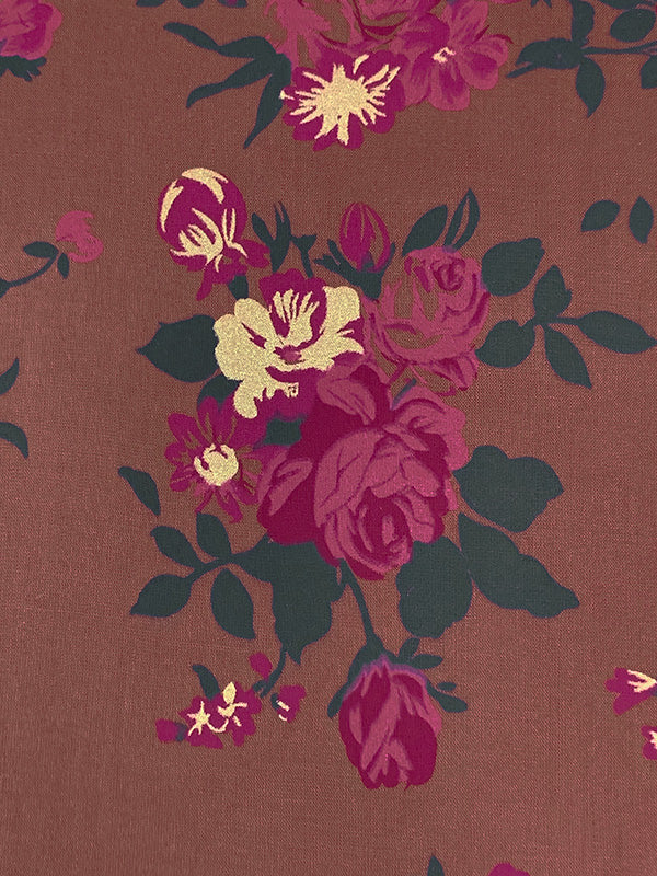 Warm Copper Rose/Boysenberry/Pine Green/Metallic Gold 100% Rayon Floral Foil Print Challis 52W