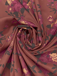 Warm Copper Rose/Boysenberry/Pine Green/Metallic Gold 100% Rayon Floral Foil Print Challis 52W