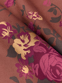 Warm Copper Rose/Boysenberry/Pine Green/Metallic Gold 100% Rayon Floral Foil Print Challis 52W