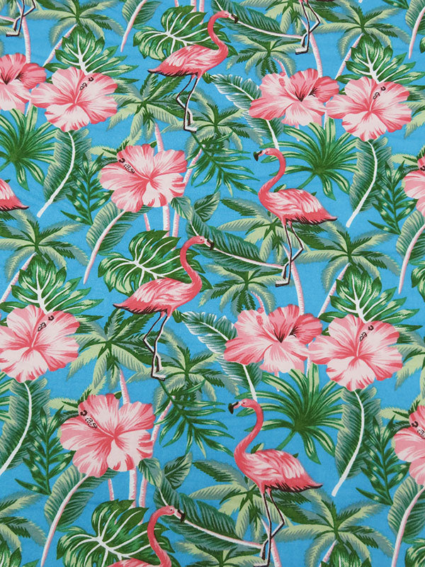 Flamingo Pink/Cerulean/Forest Green/Multi 100% Rayon Tropical Flamingo Print Challis 56W