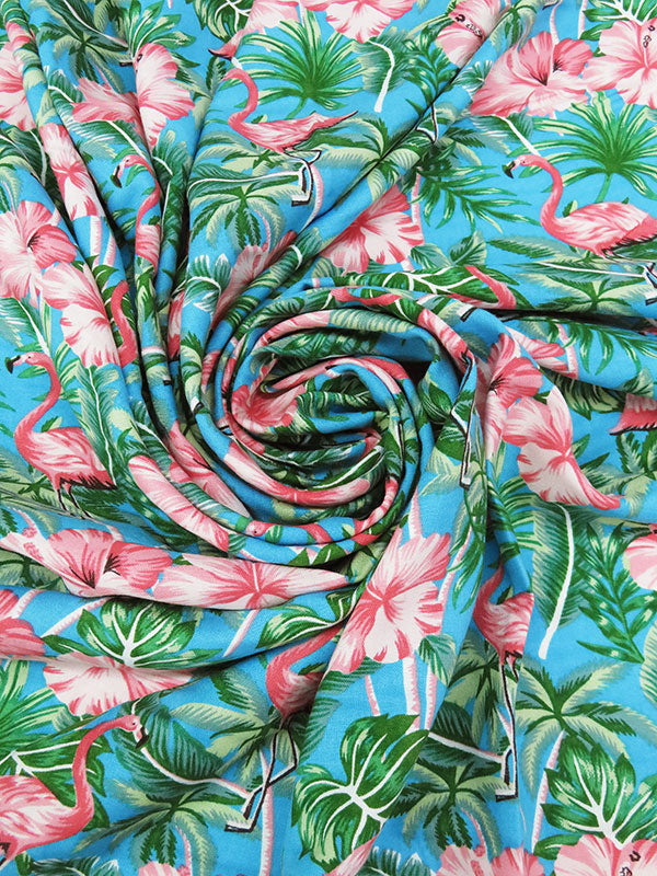 Flamingo Pink/Cerulean/Forest Green/Multi 100% Rayon Tropical Flamingo Print Challis 56W