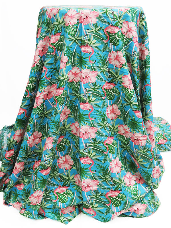 Flamingo Pink/Cerulean/Forest Green/Multi 100% Rayon Tropical Flamingo Print Challis 56W