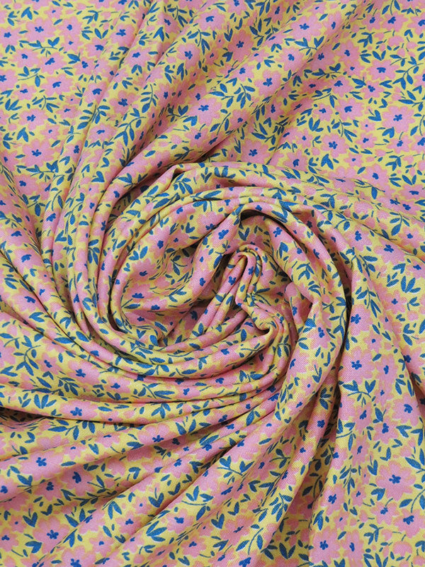 Citrus Yellow/Taffy Pink/Sapphire 100% Rayon Ditsy Floral Print Challis 54W