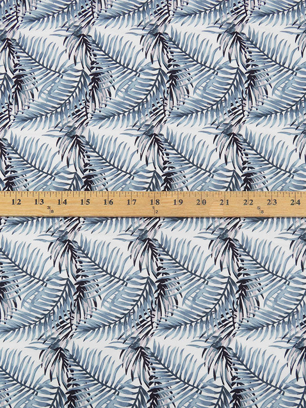 Steel Blue/White/Pale Lilac/Midnight Blue 100% Rayon Tropical Foliage Print Challis 54W