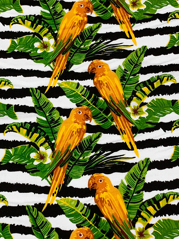 Marigold/Royal Green/Black/White 100% Rayon Tropical Bird Floral Over Horizontal Rugged Stripe Print Challis 54W