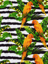 Marigold/Royal Green/Black/White 100% Rayon Tropical Bird Floral Over Horizontal Rugged Stripe Print Challis 54W