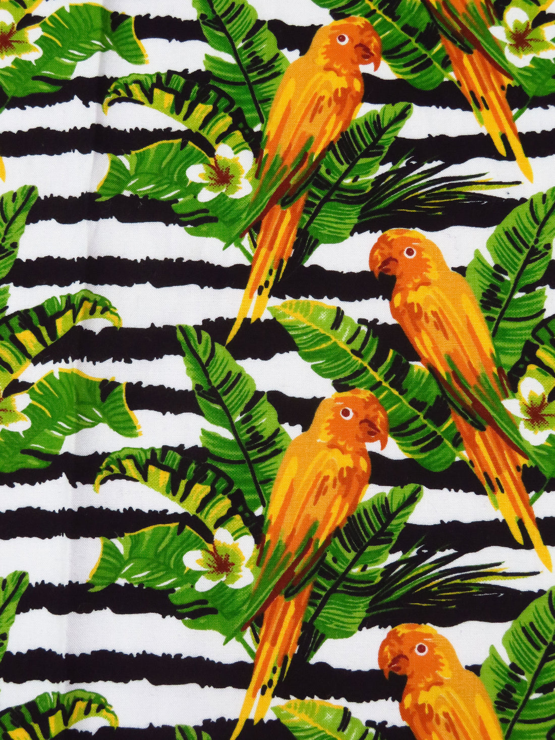 Marigold/Royal Green/Black/White 100% Rayon Tropical Bird Floral Over Horizontal Rugged Stripe Print Challis 54W