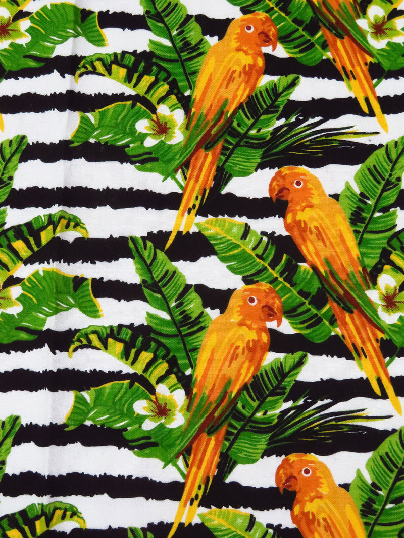 Marigold/Royal Green/Black/White 100% Rayon Tropical Bird Floral Over Horizontal Rugged Stripe Print Challis 54W