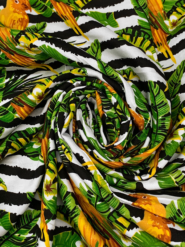 Marigold/Royal Green/Black/White 100% Rayon Tropical Bird Floral Over Horizontal Rugged Stripe Print Challis 54W