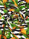 Marigold/Royal Green/Black/White 100% Rayon Tropical Bird Floral Over Horizontal Rugged Stripe Print Challis 54W