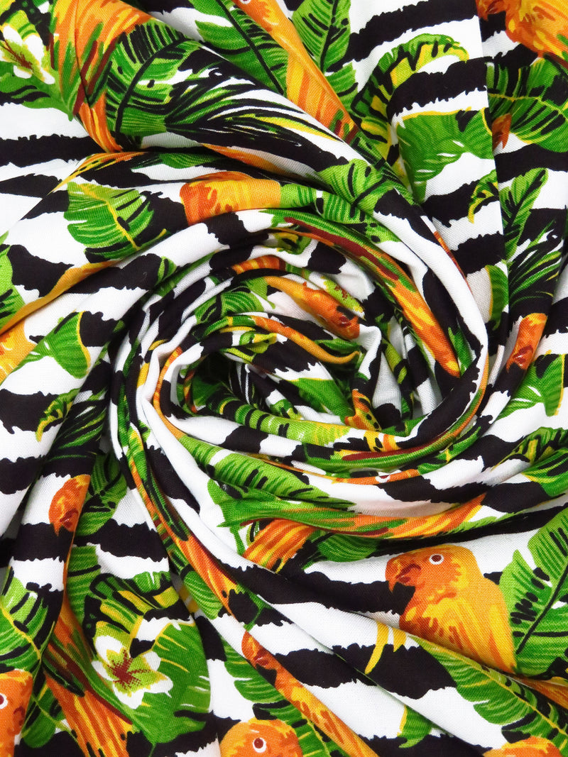 Marigold/Royal Green/Black/White 100% Rayon Tropical Bird Floral Over Horizontal Rugged Stripe Print Challis 54W