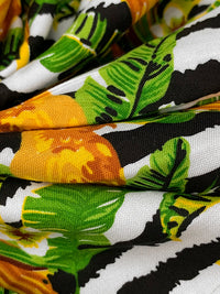 Marigold/Royal Green/Black/White 100% Rayon Tropical Bird Floral Over Horizontal Rugged Stripe Print Challis 54W