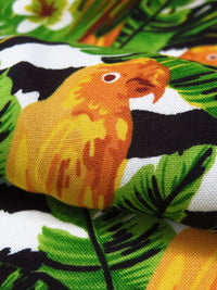 Marigold/Royal Green/Black/White 100% Rayon Tropical Bird Floral Over Horizontal Rugged Stripe Print Challis 54W