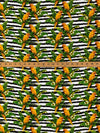 Marigold/Royal Green/Black/White 100% Rayon Tropical Bird Floral Over Horizontal Rugged Stripe Print Challis 54W