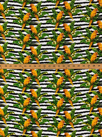 Marigold/Royal Green/Black/White 100% Rayon Tropical Bird Floral Over Horizontal Rugged Stripe Print Challis 54W