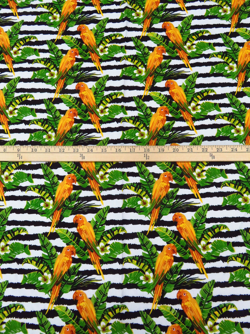 Marigold/Royal Green/Black/White 100% Rayon Tropical Bird Floral Over Horizontal Rugged Stripe Print Challis 54W