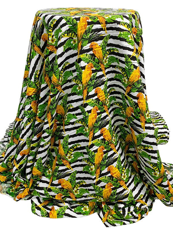 Marigold/Royal Green/Black/White 100% Rayon Tropical Bird Floral Over Horizontal Rugged Stripe Print Challis 54W