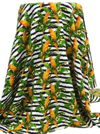 Marigold/Royal Green/Black/White 100% Rayon Tropical Bird Floral Over Horizontal Rugged Stripe Print Challis 54W