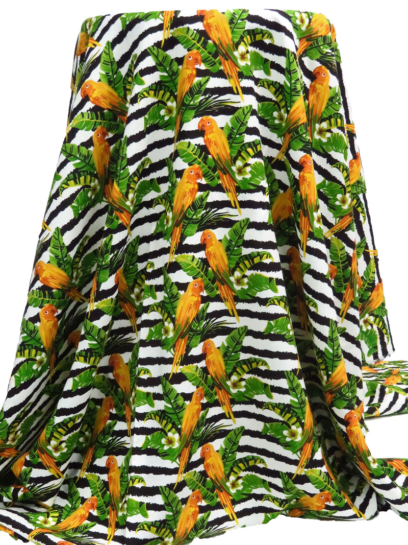 Marigold/Royal Green/Black/White 100% Rayon Tropical Bird Floral Over Horizontal Rugged Stripe Print Challis 54W