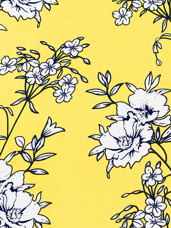 Yellow/White/Dark Navy 100% Rayon Sketch Floral Print Challis 54W