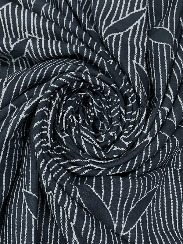 Dusty Dark Slate Blue/White 100% Rayon Vertical Stripe Twin Leaf Print Challis 54W