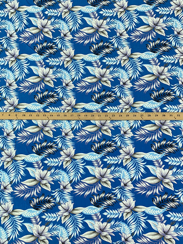 Cyan Cobalt Blue/White/Dried Thyme/Black 100% Rayon Floral Print Challis 54W