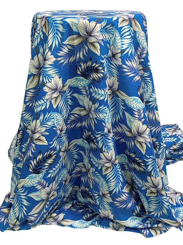 Cyan Cobalt Blue/White/Dried Thyme/Black 100% Rayon Floral Print Challis 54W