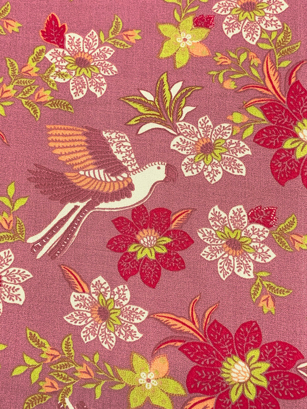 Charm Pink/Straw/Antique White 100% Rayon Exotic Bird Floral Print Challis 54W