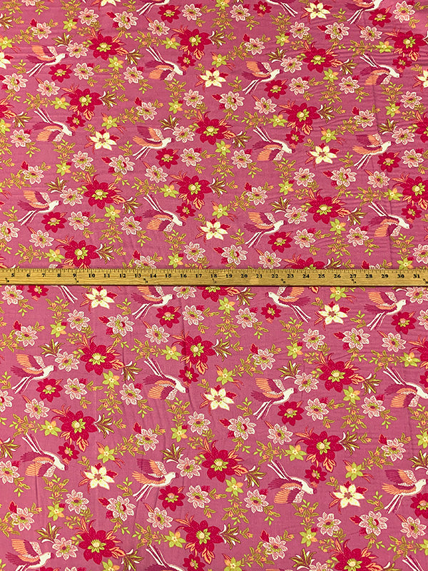 Charm Pink/Straw/Antique White 100% Rayon Exotic Bird Floral Print Challis 54W